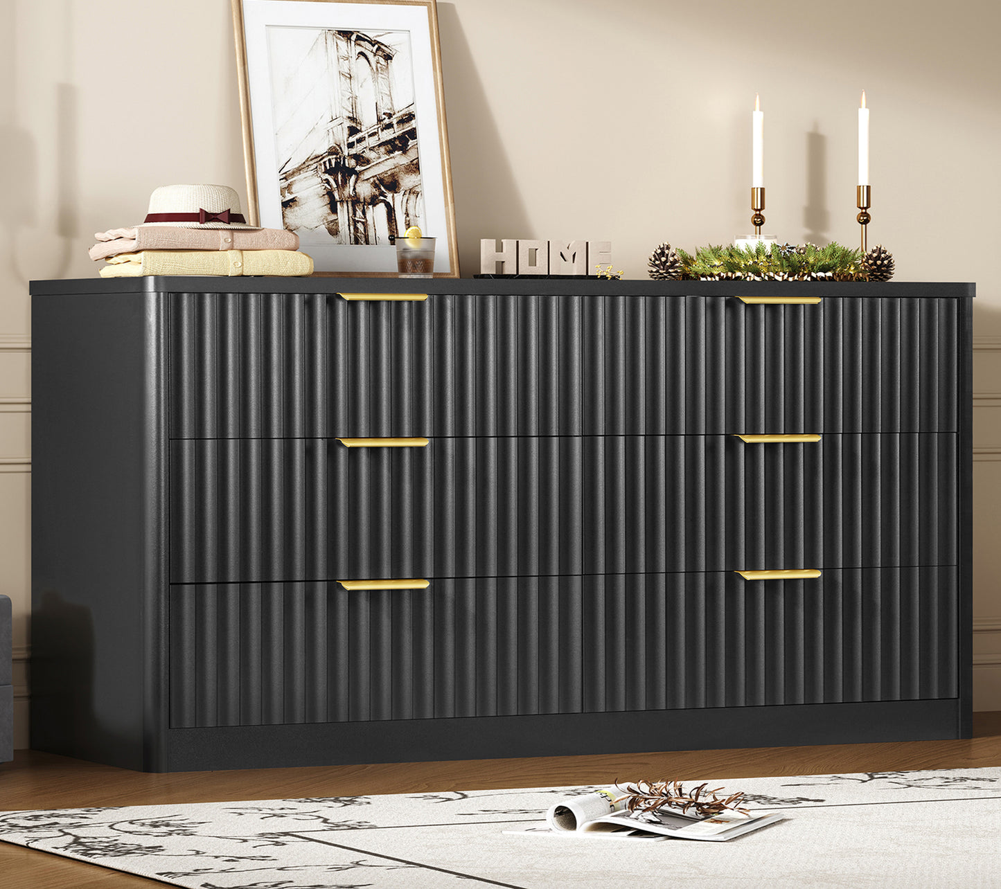 TEENFON Fluted 6 Drawer Dresser for Bedroom, Wide Modern Chest of Drawers with Metal Handle, Curved Profile Design, Wood Closet Clothes Storage Organizer for Bedroom, Living Room, Hallway, Black