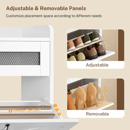 TEENFON Shoe Cabinet with 2 Flip Drawers, Shoe Storage Cabinet with Mesh Sliding Drawer, Freestanding Shoe Organizer with Metal Legs & 2 Hooks, Narrow Shoe Rack for Entryway, Hallway, White