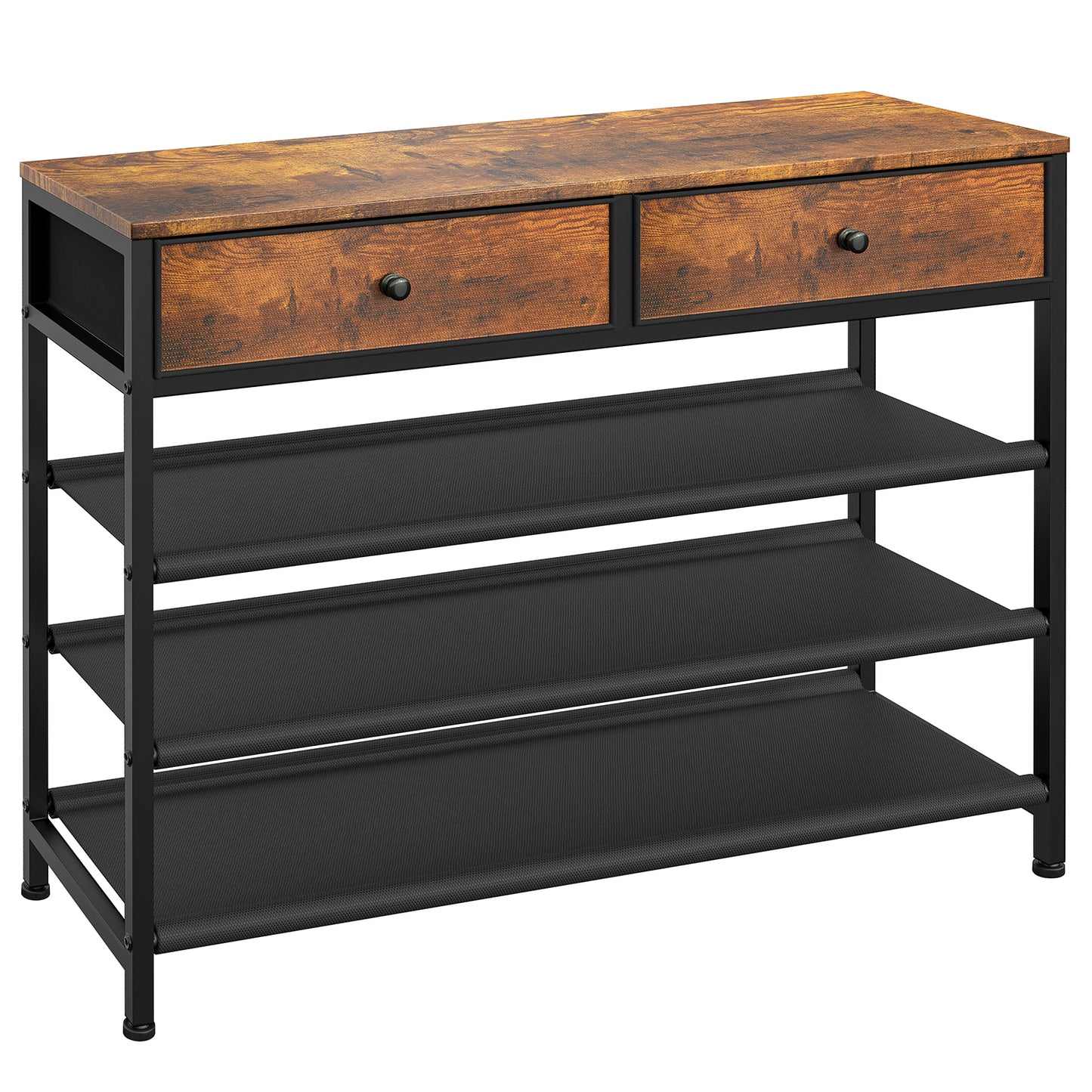 usikey Shoe Rack, 5 Tier Shoe Storage Organizer with 2 Drawers, Metal Shoe Shelf for 16-20 Pairs of Shoes, with 4 Oxford Fabric Shelves and Wooden Top, Shoe Stand for Closet Entryway, Rustic Brown
