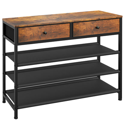 usikey Shoe Rack, 5 Tier Shoe Storage Organizer with 2 Drawers, Metal Shoe Shelf for 16-20 Pairs of Shoes, with 4 Oxford Fabric Shelves and Wooden Top, Shoe Stand for Closet Entryway, Rustic Brown