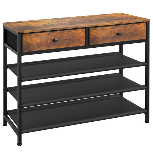 usikey Shoe Rack, 5 Tier Shoe Storage Organizer with 2 Drawers, Metal Shoe Shelf for 16-20 Pairs of Shoes, with 4 Oxford Fabric Shelves and Wooden Top, Shoe Stand for Closet Entryway, Rustic Brown