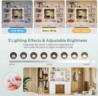 TEENFON Vanity Desk with Mirror and Lights, Power Outlet, Makeup Vanity with 9 Drawers & 6 Open Storage Shelves, 3 Lighting Modes Brightness Adjustable, White