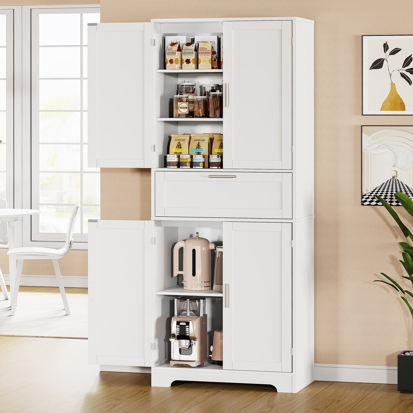 TEENFON Tall Storage Cabinet with Adjustable Shelf & 1 Large Drawer, Pantry Cabinet with 4 Doors, Bathroom Cabinets, Kitchen Cabinets for Dining Room, Living Room, Home Office, White