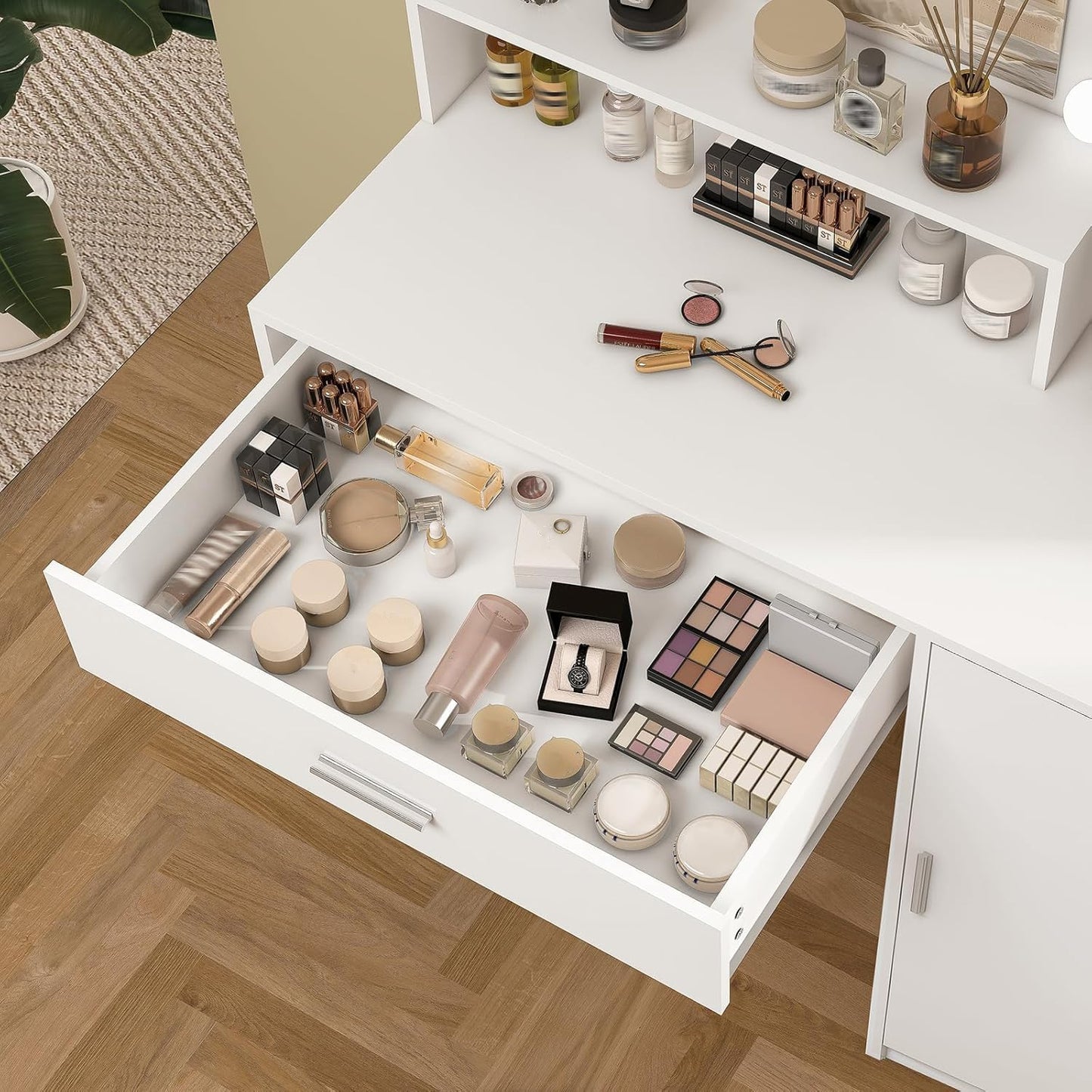 TEENFON Vanity Desk with 10 Lights & Mirror, 3 Storage Shelf, Big Drawer, Cabinet with Shelves, 3 Lighting Modes & Adjustable Brightness Dressing Table, Small Makeup Vanity, 35.5” Desk,White