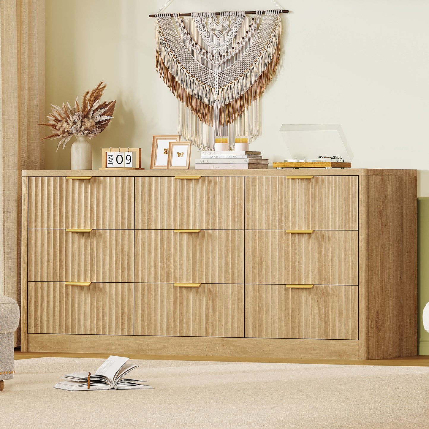 TEENFON Fluted Dresser for Bedroom with 9 Drawers, 63" Wide Modern Chest of Drawers with Metal Handle & Curved Profile Design, Wood Closet Clothes Storage Organizer for Living Room, Hallway, Natural