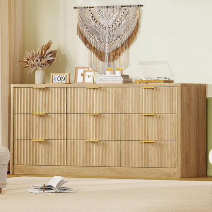 TEENFON Fluted Dresser for Bedroom with 9 Drawers, 63" Wide Modern Chest of Drawers with Metal Handle & Curved Profile Design, Wood Closet Clothes Storage Organizer for Living Room, Hallway, Natural