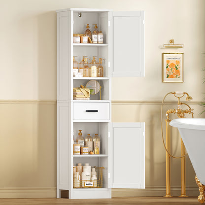 TEENFON Tall Bathroom Storage Cabinet with Barn Doors, Narrow Bathroom Cabinet with Drawer, Narrow Storage Unit, Adjustable Shelves, Floor Cabinets for Living Room, Entryway, Kitchen, White