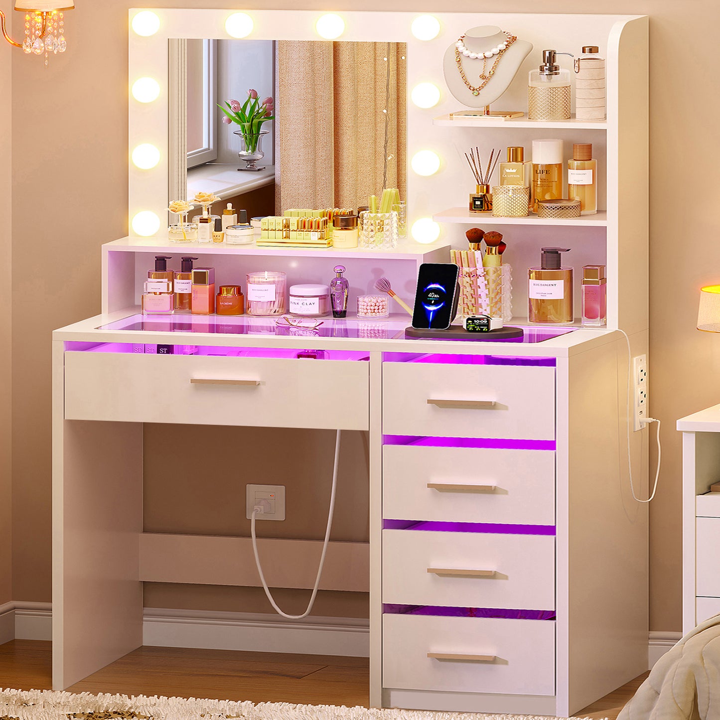 Makeup Vanity Desk with Mirror and Lights, White Vanity with Glass Top, 3 Colors LED Lights & Power Outlet, Vanity with RGB Drawers, Adjustable Lighted Dressing Table for Women & Girls Bedroom