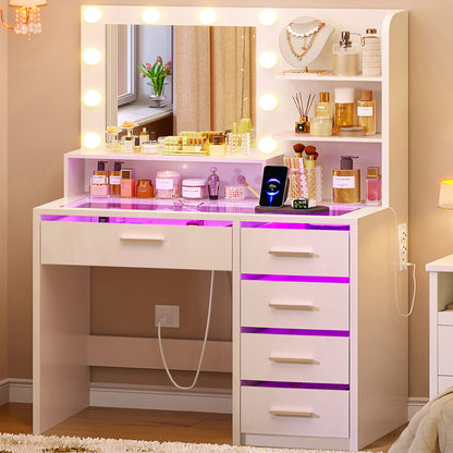 Makeup Vanity Desk with Mirror and Lights, White Vanity with Glass Top, 3 Colors LED Lights & Power Outlet, Vanity with RGB Drawers, Adjustable Lighted Dressing Table for Women & Girls Bedroom