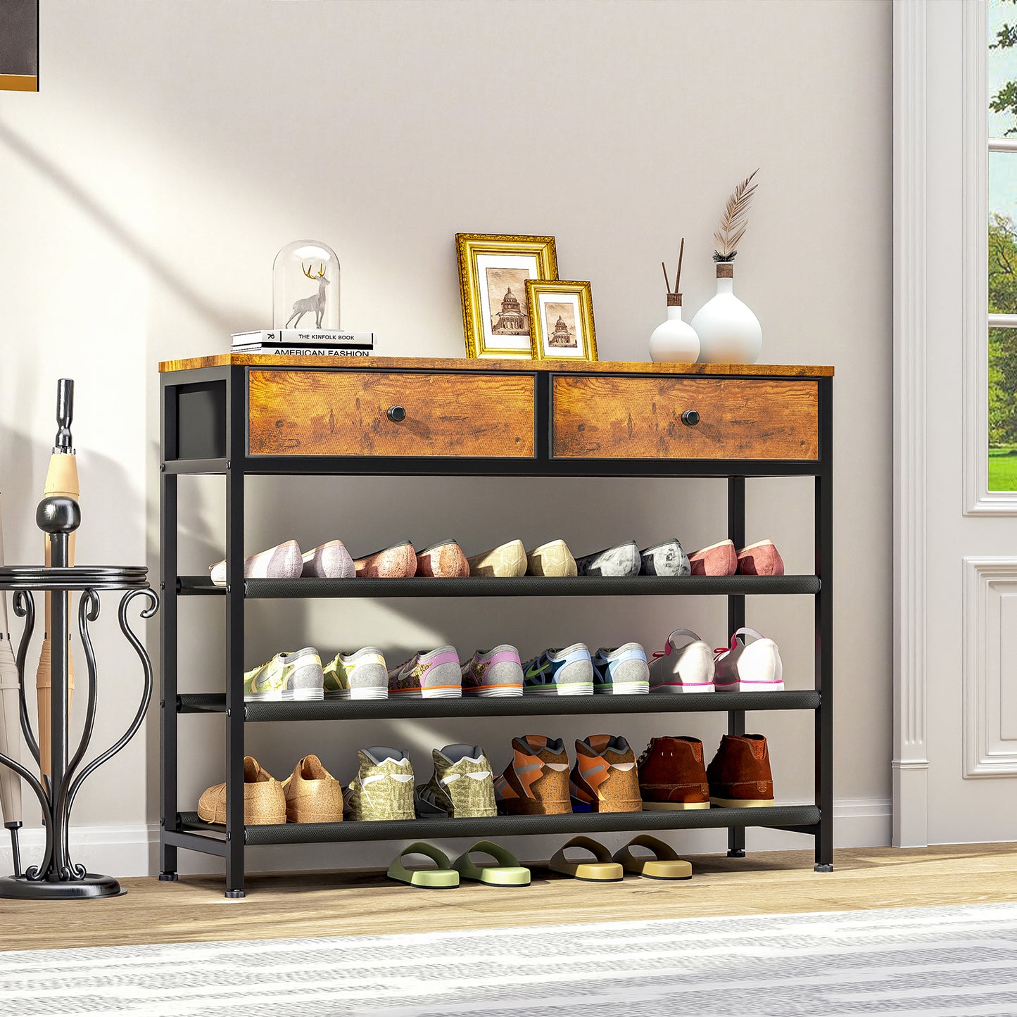 TEENFON Shoe Rack, 4 Tier Shoe Storage Organizer with 2 Drawers, Metal Shoe Shelf for 12-15 Pairs of Shoes, with 3 Oxford Fabric Shelves and Wooden Top, Shoe Stand for Entryway, Rustic Brown