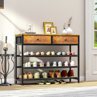 TEENFON Shoe Rack, 4 Tier Shoe Storage Organizer with 2 Drawers, Metal Shoe Shelf for 12-15 Pairs of Shoes, with 3 Oxford Fabric Shelves and Wooden Top, Shoe Stand for Entryway, Rustic Brown