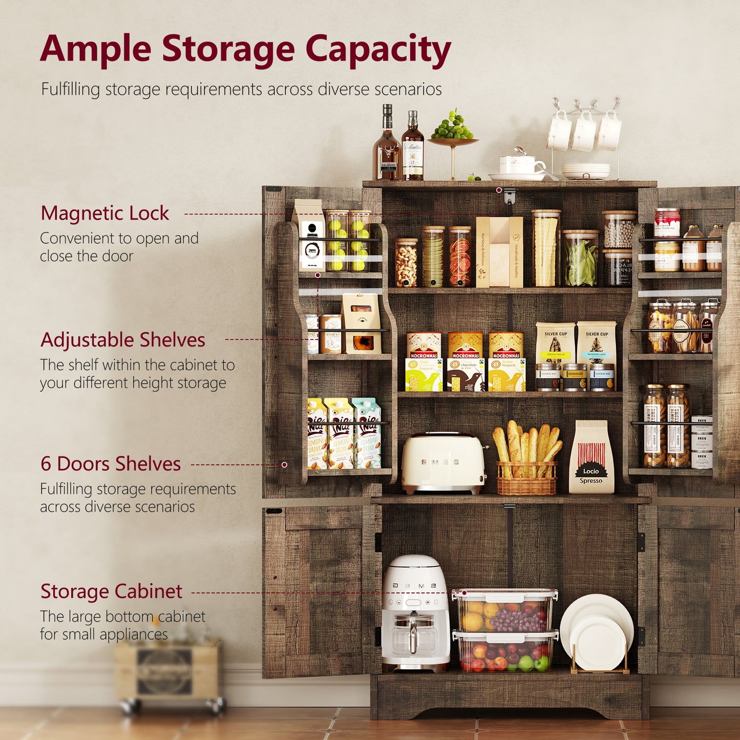 TEENFON 43.3 Tall Metal Kitchen Pantry Storage Cabinets with 2 Door and 5 Adjustable Shelves, Cupboard for Kitchen, Dining Room, Living Room and Bathroom,