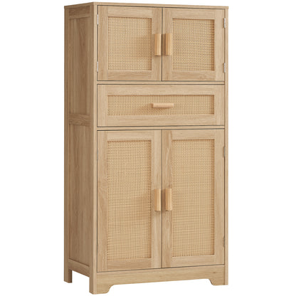 TEENFON 47.2" H Tall Storage Cabinet with Adjustable Shelf, Rattan Cabinet with Large Drawer, Cupboard for Living Room, Dining Room, Entryway, Home Office, Natural