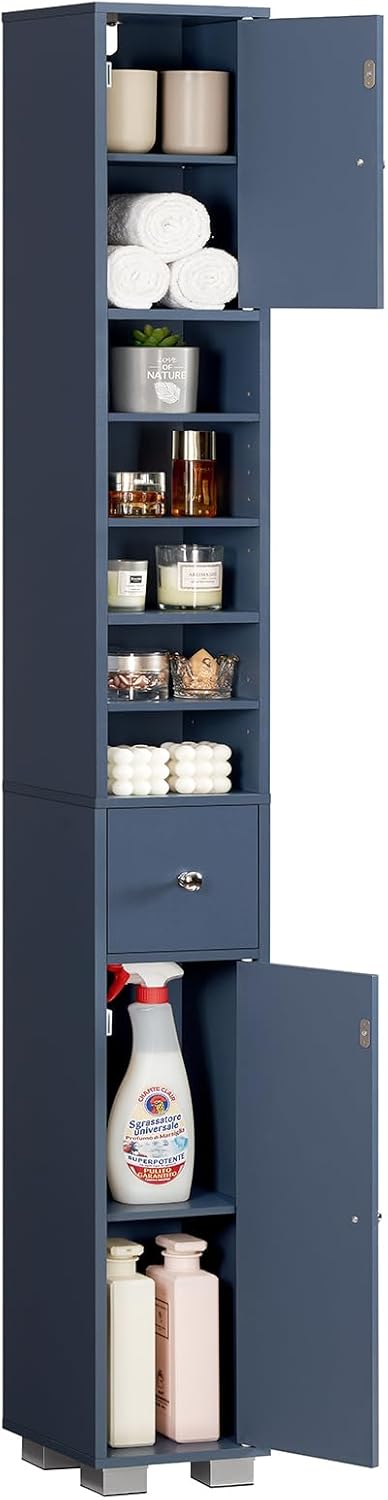 TEENFON Bathroom Cabinet, Narrow Bathroom Storage Cabinet with 5 Adjustable Shelves & Drawer, Freestanding Cupboard for Small Spaces, Blue