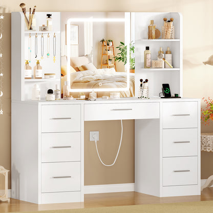 TEENFON Makeup Vanity with Dimmable LED Lights and Outlets, Makeup Table with Mirror, 4 Open Shelves, and 5 Jewelry Hooks, White, Vanity with 7 Drawers + LED Lights