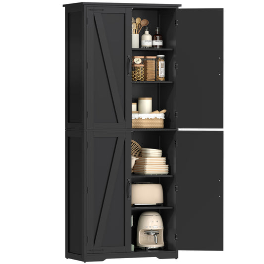 TEENFON 67" Kitchen Pantry Cabinet with 4 Doors, Farmhouse Pantry Cabinet with Adjustable Shelves, Storage Cabinet for Kitchen, Bathroom, Living Room, Black