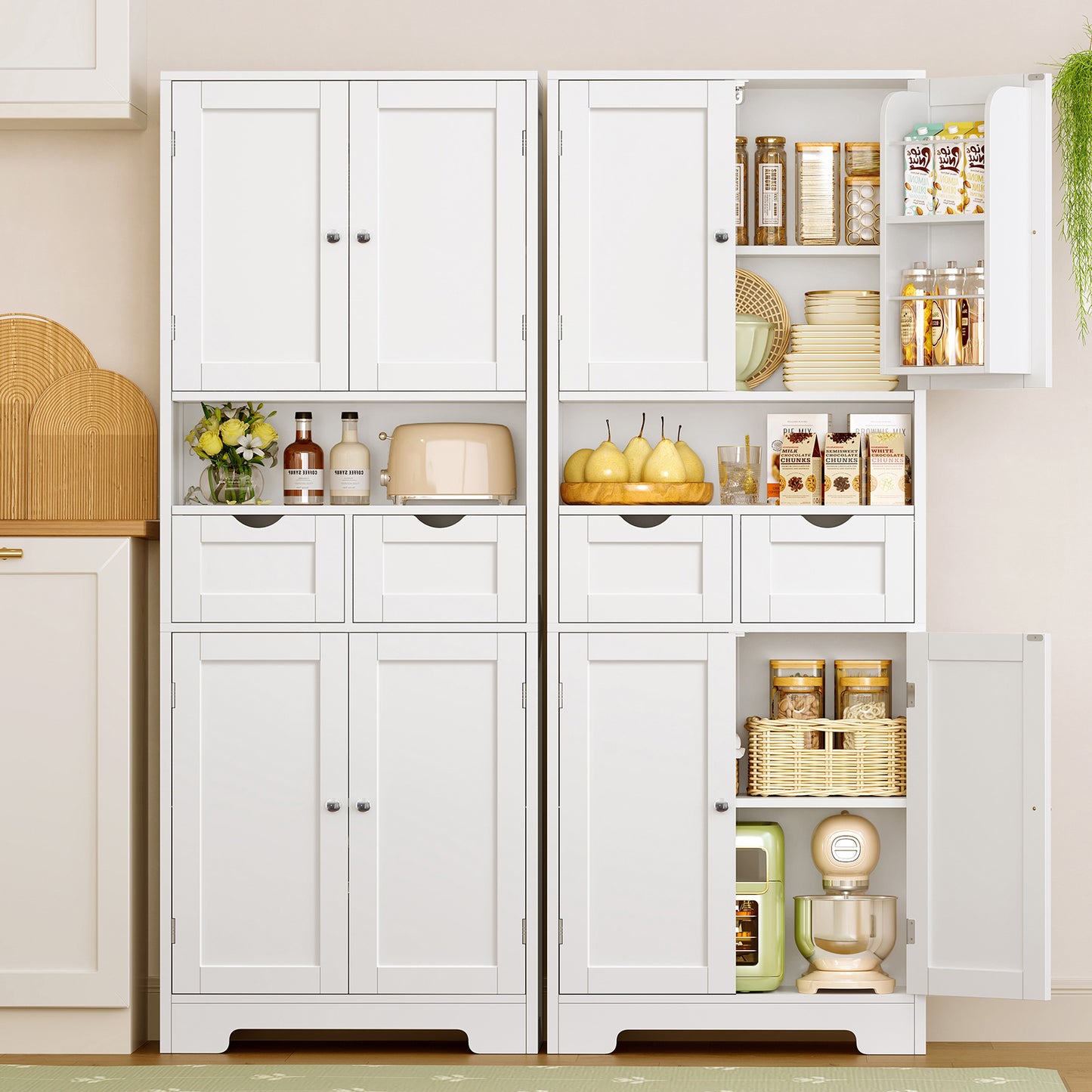 TEENFON Kitchen Pantry Cabinet with Adjustable Shelf, Tall Storage Cabinet with 2 Drawers & 4 Door Shelves, Food Pantry Cabinets, for Kitchen, Dining Room, Living Room, White