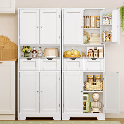 TEENFON Kitchen Pantry Cabinet with Adjustable Shelf, Tall Storage Cabinet with 2 Drawers & 4 Door Shelves, Food Pantry Cabinets, for Kitchen, Dining Room, Living Room, White