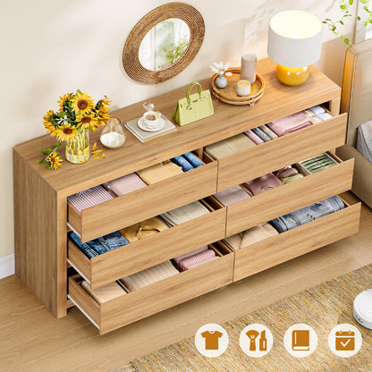 TEENFON 55" Dresser for Bedroom with 6 Drawers, Modern Dressers & Chests of Drawers with Metal Handles, Wooden Dresser TV Stand, Bedroom Dressers for Living Room, Hallway, Natural