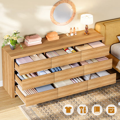 TEENFON 63" Dresser for Bedroom with 9 Drawers, Modern Dressers & Chests of Drawers with Metal Handles, Wooden Dresser TV Stand, Bedroom Dressers for Living Room, Hallway, Natural