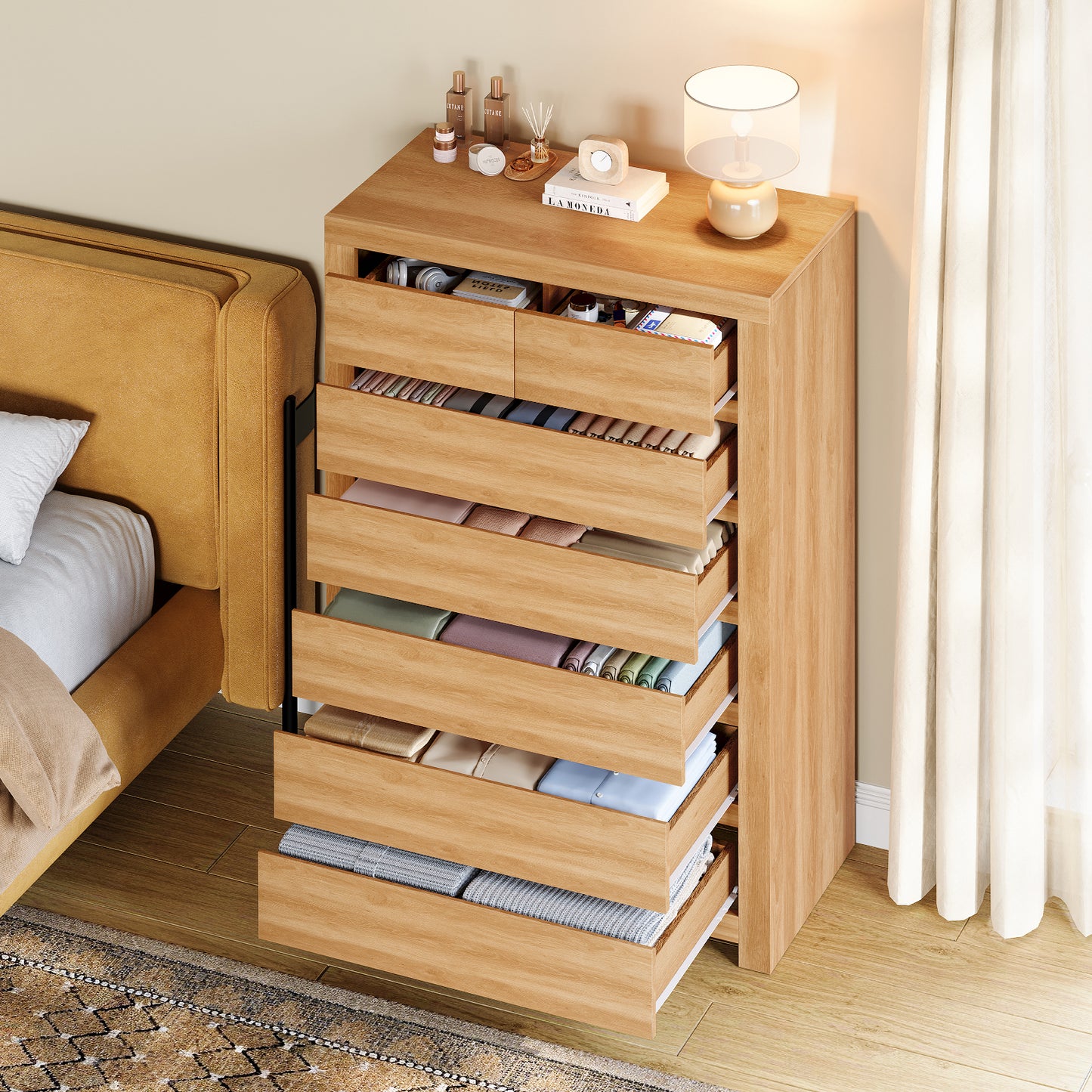 TEENFON 51.6" Tall Dresser for Bedroom with 7 Drawers, Modern Dressers & Chests of Drawers with Metal Handles, Wooden Dresser TV Stand, Bedroom Dressers for Living Room, Hallway, Natural
