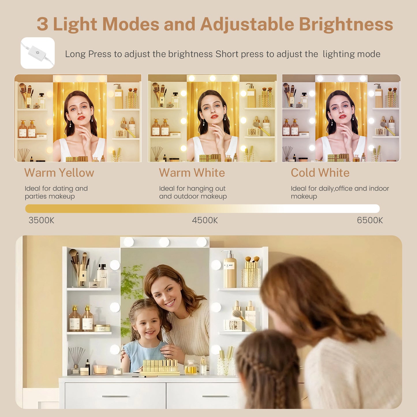 TEENFON Morden Vanity Desk with Mirror & 9 LED Lights Makeup Vanity 6 Drawers 6 Open Shelves White Vanity Table for Bedroom Women Girls