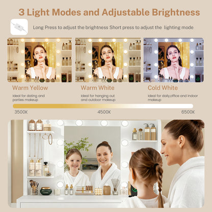 TEENFON Vanity Desk with Mirror and Lights, Makeup Vanity with Power Outlet and 4 Drawers & 6 Shelves & 5 Hooks, 3 Color Modes & Adjustable Brightness, White Vanity for Bedroom