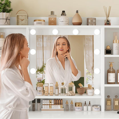 TEENFON Vanity Desk with Mirror and Lights, Power Outlet, Makeup Vanity with 9 Drawers & 6 Open Storage Shelves, 3 Lighting Modes Brightness Adjustable, White