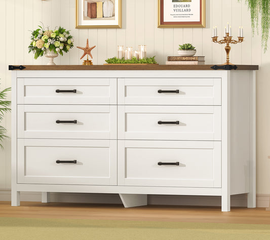 TEENFON White 6 Drawer Dresser for Bedroom, 47.2'' Farmhosue Dresser with Metal Handles, Wood Chest of Drawers, Bedroom Dressers for Living Room, Entryway, White