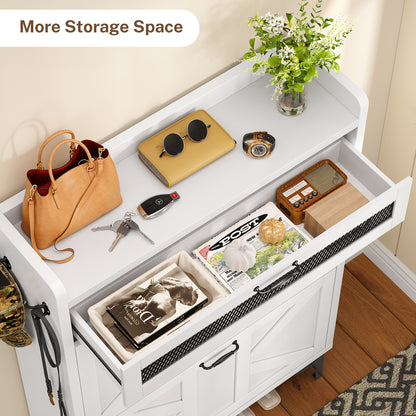 TEENFON Shoe Cabinet with 2 Flip Drawers, Shoe Storage Cabinet with Mesh Sliding Drawer, Freestanding Shoe Organizer with Metal Legs & 2 Hooks, Narrow Shoe Rack for Entryway, Hallway, White