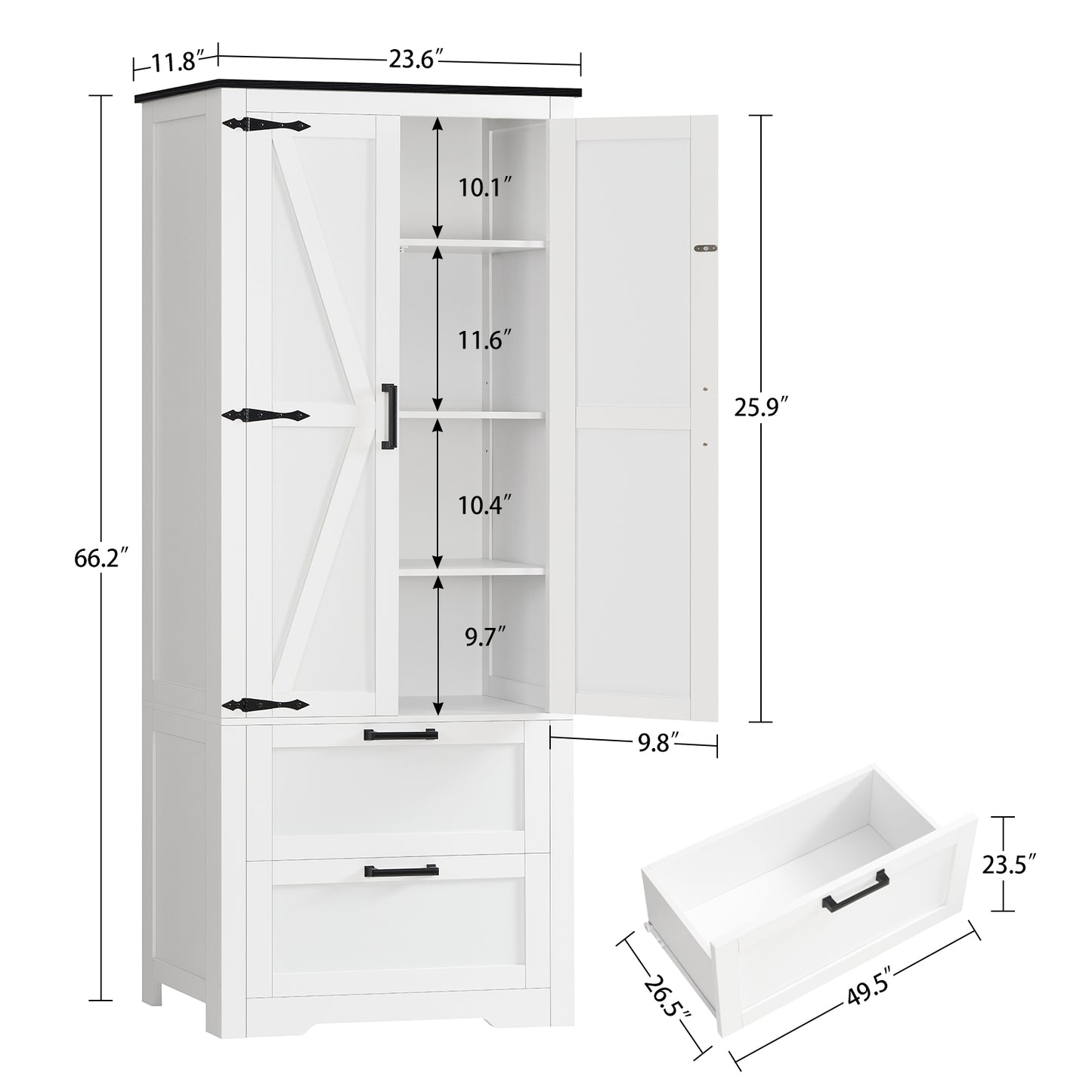 TEENFON 66.2" H Storage Cabinet with 2 Drawers, Farmhouse Kitchen Pantry Cabinet with 2 Doors & Adjustable Shelf, Bathroom Cabinet, for Living Room, Kitchen, Bathroom, White