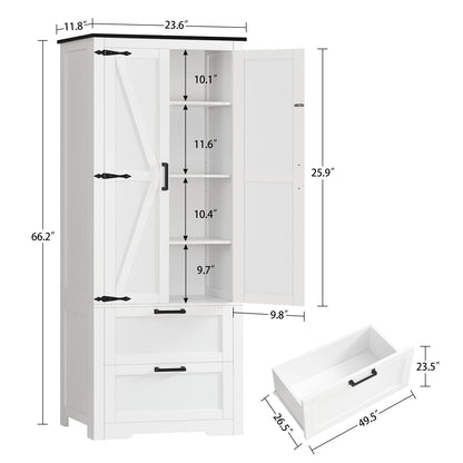 TEENFON 66.2" H Storage Cabinet with 2 Drawers, Farmhouse Kitchen Pantry Cabinet with 2 Doors & Adjustable Shelf, Bathroom Cabinet, for Living Room, Kitchen, Bathroom, White