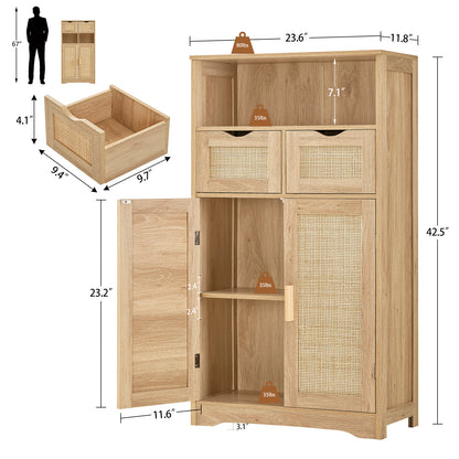 TEENFON Storage Cabinet with 2 Drawers & Adjustable Shelves, Rattan Cabinet, Kitchen Pantry Cabinets, Cupboard for Living Room, Kitchen, Home Office, Natural