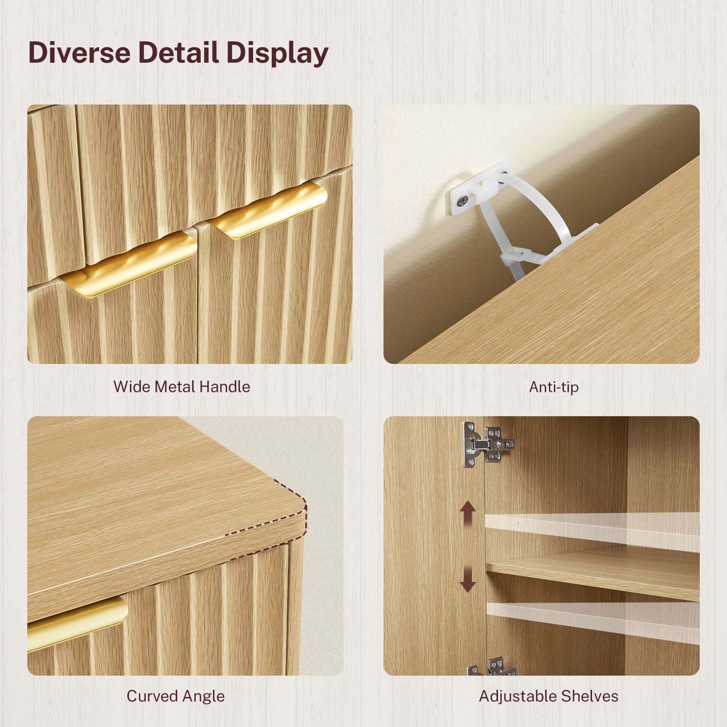 TEENEON Large Fluted Buffet Cabinet with 3 Drawers & 4 Doors, Sideboard Cabinet with 2 Adjustable Shelves, Coffee Bar Storage Cabinet for Kitchen, Living Room, Natural