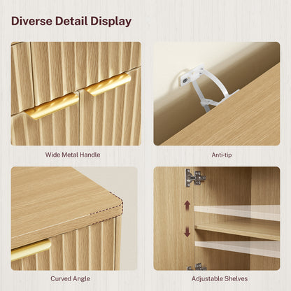 TEENEON Large Fluted Buffet Cabinet with 3 Drawers & 4 Doors, Sideboard Cabinet with 2 Adjustable Shelves, Coffee Bar Storage Cabinet for Kitchen, Living Room, Natural