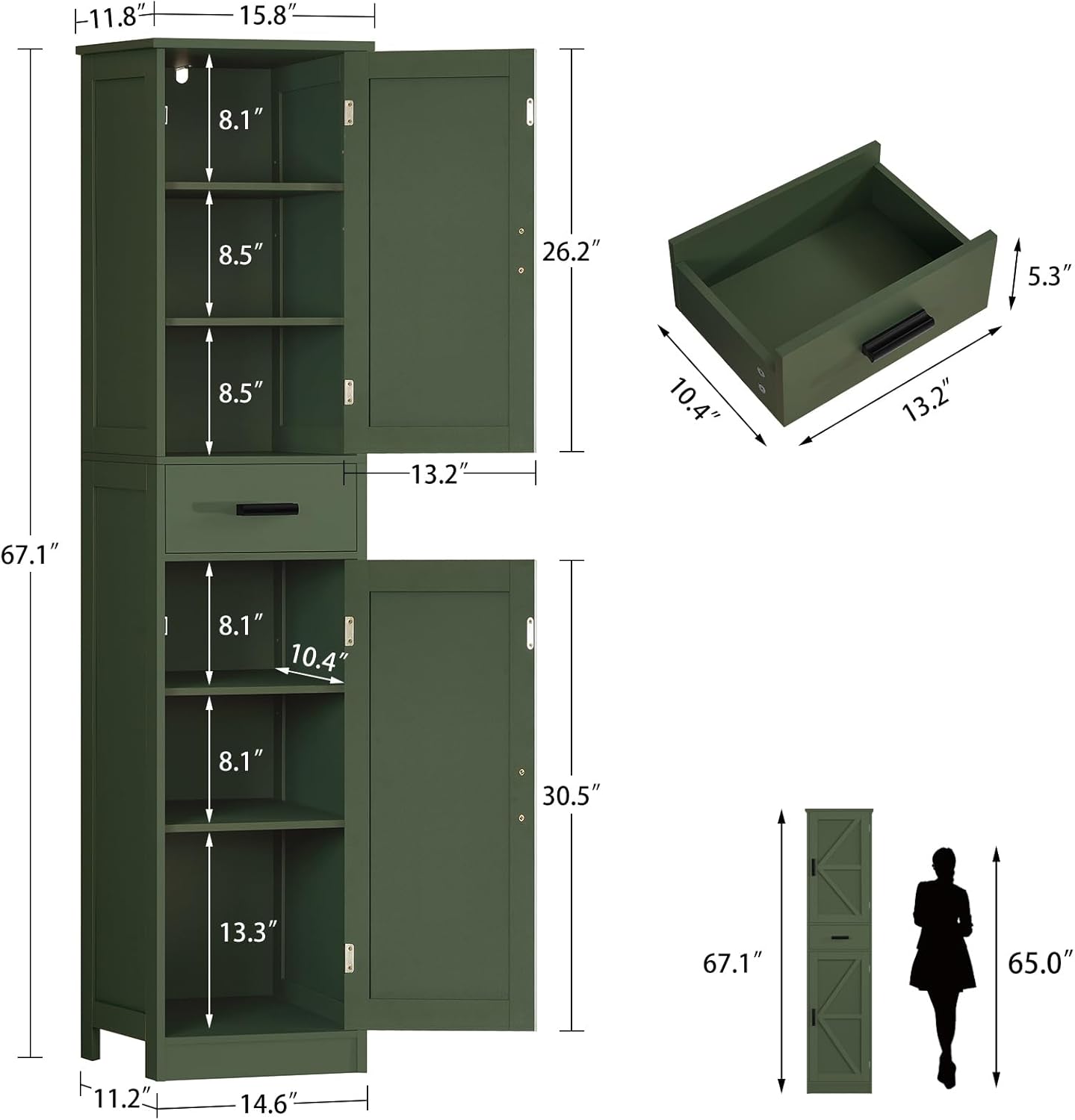 TEENFON Tall Bathroom Cabinet, Storage Cabinet with 6 Shelves & Drawer, Bathroom Storage Cabinet with Adjustable Shelves, Tall Cabinet for Living Room, Home Office, Forset Green
