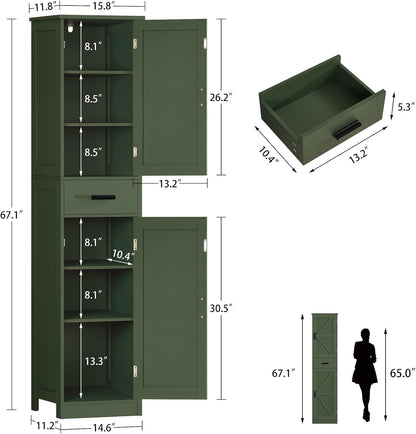 TEENFON Tall Bathroom Cabinet, Storage Cabinet with 6 Shelves & Drawer, Bathroom Storage Cabinet with Adjustable Shelves, Tall Cabinet for Living Room, Home Office, Forset Green