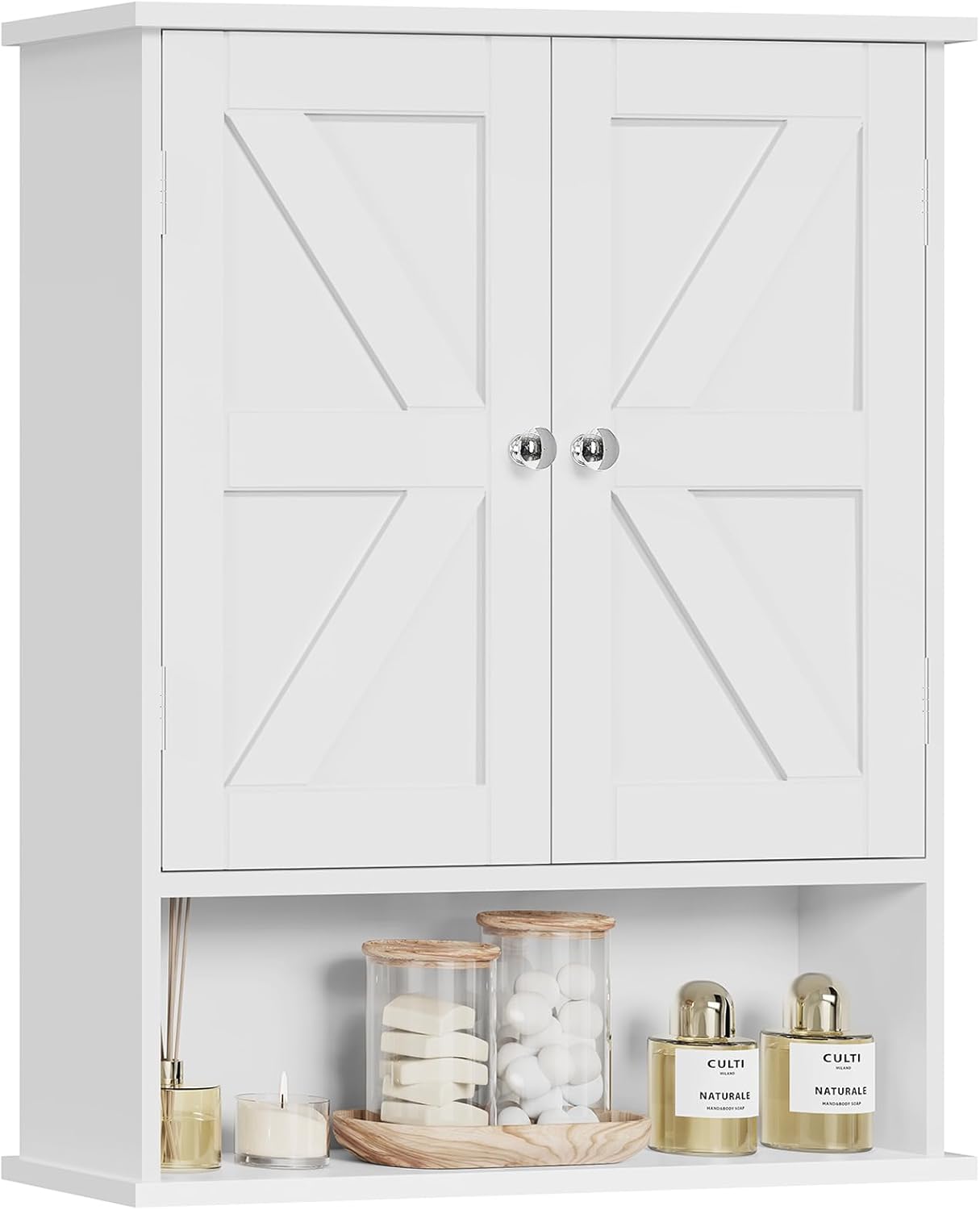 TEENFON Bathroom Wall Cabinet, Over The Toilet Space Saver Storage with Barn Doors & Adjustable Shelf, Hanging Medicine Cabinet, White 7.1" D x 15.4" W x 19.3" H