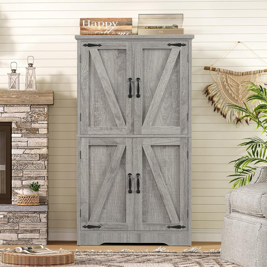 TEENFON Farmhouse Storage Cabinet with 2 Adjustable Shelves, Bathroom Cabinet with 4 Doors, Cupboard for Kitchen, Living Room, Rustic Gray