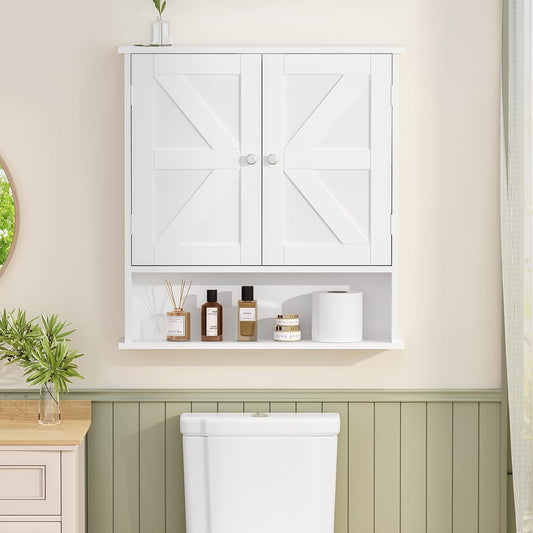 TEENFON Bathroom Wall Cabinet, Bathroom Cabinet with Barn Doors & Adjustable Shelf, Over The Toilet Storage Cabinet, Medicine Cabinet, White