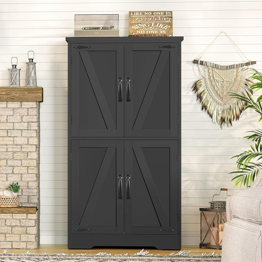 TEENFON Farmhouse Storage Cabinet with 2 Adjustable Shelves, Kitchen Cabinet with 4 Doors, Cupboard for Kitchen, Living Room, Black