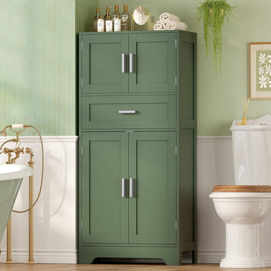 TEENFON Bathroom Floor Storage Cabinet with Adjustable Shelf, Freestanding Storage Cabinet with 4 Doors, Cupboard for Living Room, Home Office, Entryway, Forest Green