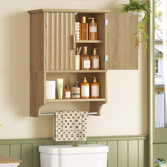 TEENFON Fluted Bathroom Wall Cabinet with Adjustable Shelves and Towel Rack, Wall Mounted Over The Toilet Storage Organizer for Bathroom, Living Room, Natural