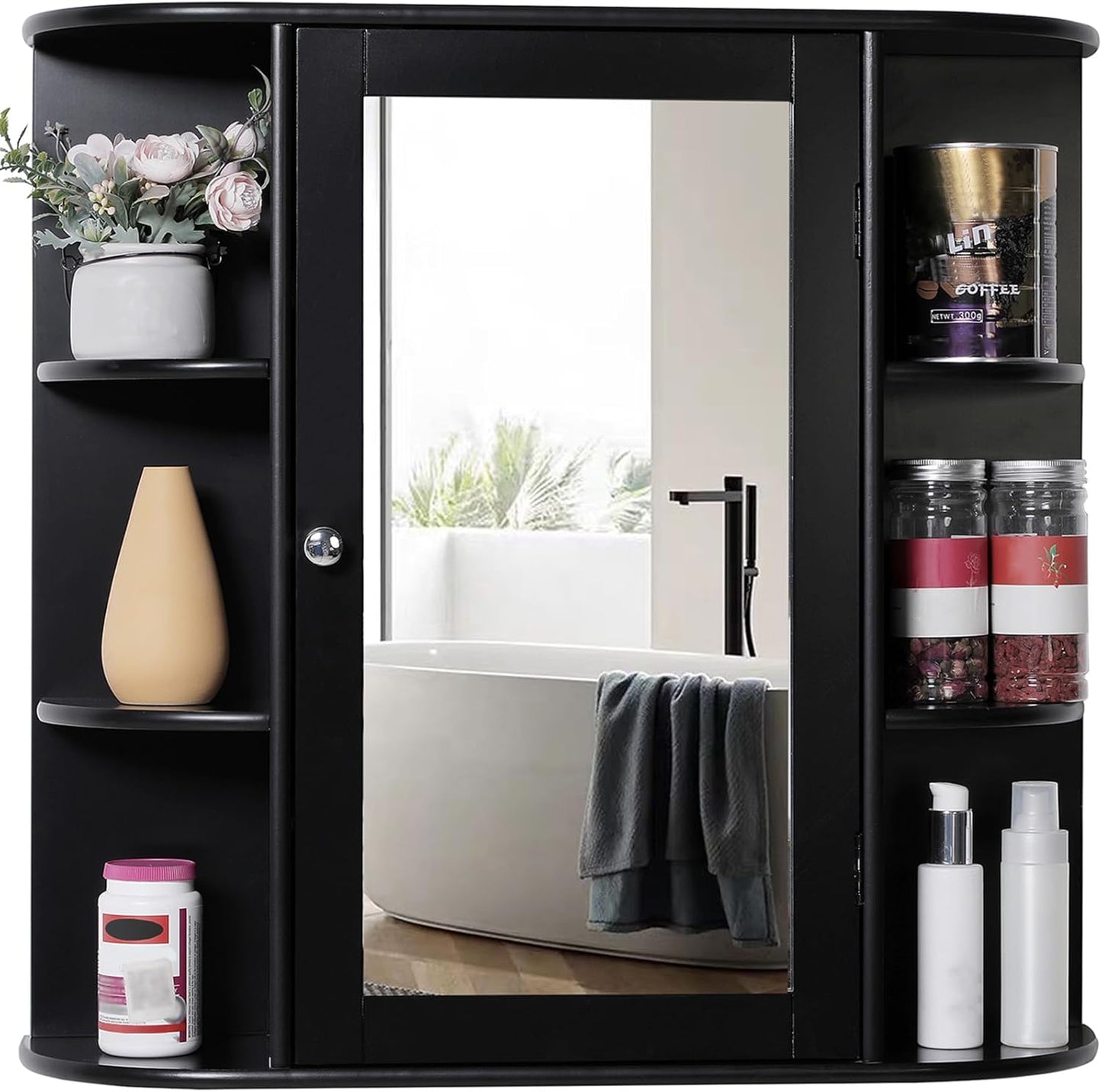TEENFON Bathroom Medicine Cabinet with Mirror, Wall Cabinet with 2 Adjustable Shelves & 6 Open Shelves, Bathroom Cabinet Wall Mounted, Over The Toilet Space Saver Storage Cabinet, Black