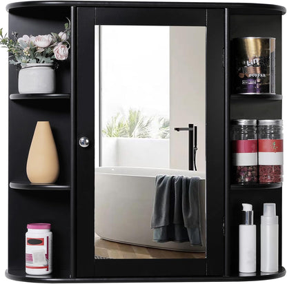 TEENFON Bathroom Medicine Cabinet with Mirror, Wall Cabinet with 2 Adjustable Shelves & 6 Open Shelves, Bathroom Cabinet Wall Mounted, Over The Toilet Space Saver Storage Cabinet, Black