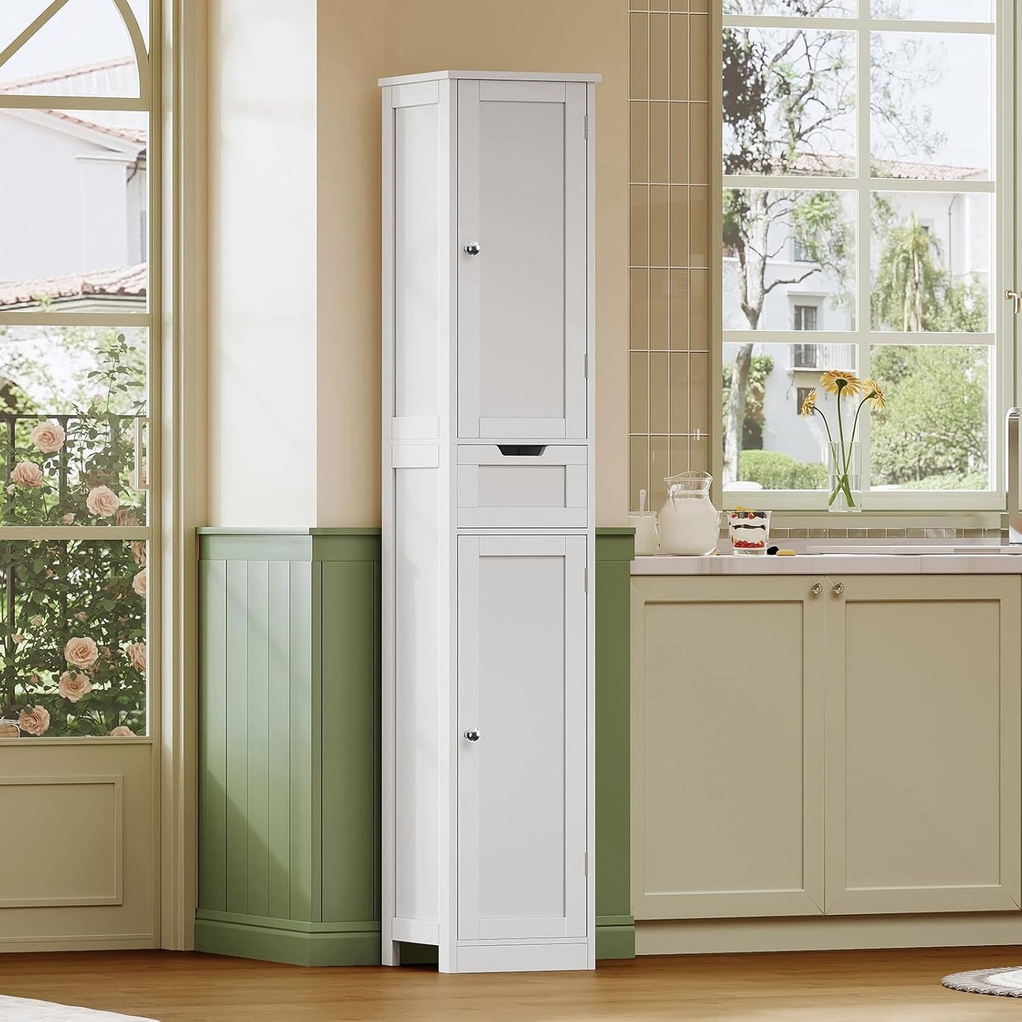 TEENFON Tall Bathroom Cabinet, Slim Narrow Bathroom Storage Cabinet with Adjustable Shelves, Storage Cabinets with 1 Drawer, for Bathroom, Living Room, Entryway, Kitchen, White