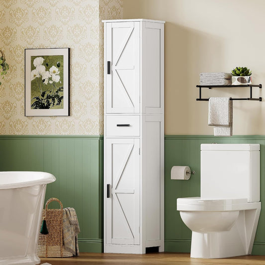 TEENFON 67 Tall Bathroom Cabinet with 6 Shelves & 1 Drawer, Narrow Storage Cabinet with Adjustable Shelves, Silm Cabinets for Bathroom, Living Room, Kitchen, White