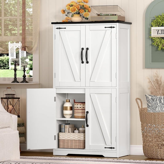 TEENFON Farmhouse Storage Cabinet with 2 Adjustable Shelves, Bathroom Cabinet with 4 Doors, Kitchen Cabinets, Cupboard for Kitchen, Living Room, White