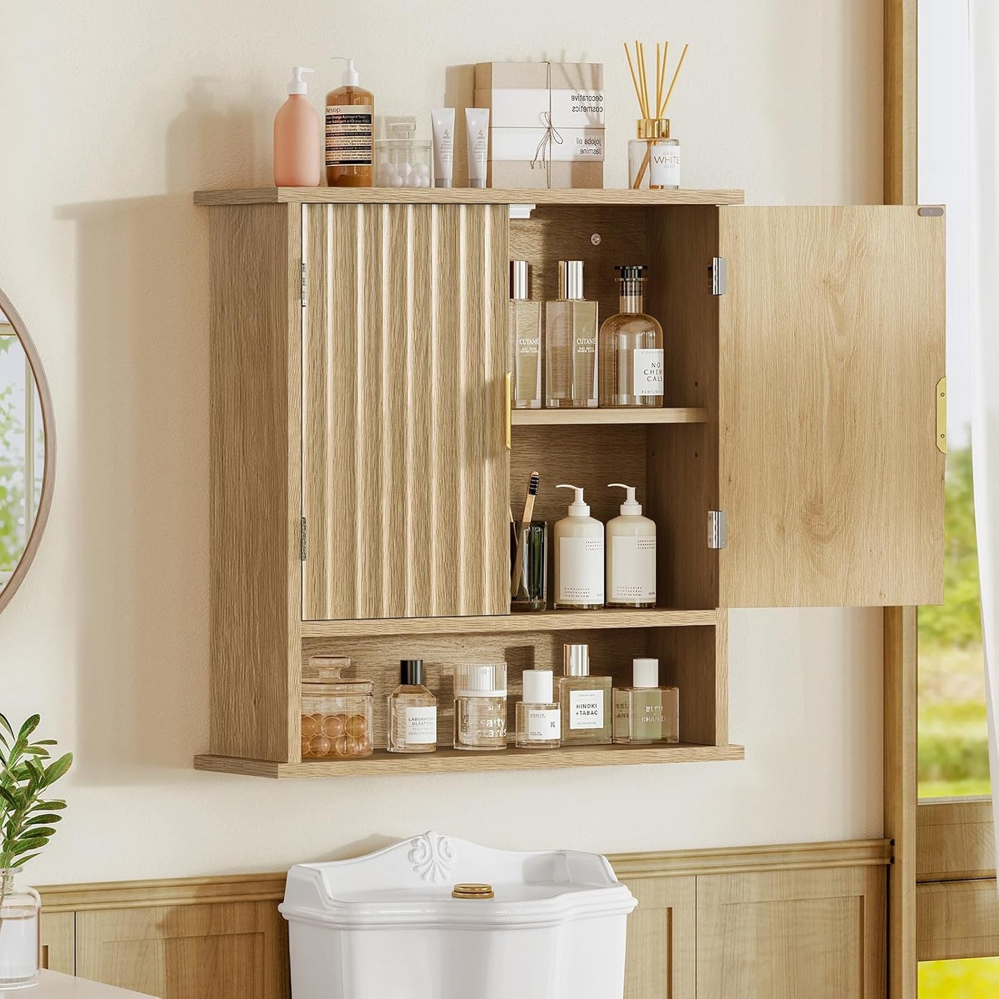 TEENFON Bathroom Wall Storage Cabinet with Adjustable Shelf & 2 Fluted Doors, Medicine Cabinet, Over Toilet Storage Cabinet for Laundry Room, Kitchen, Living Room, Natural