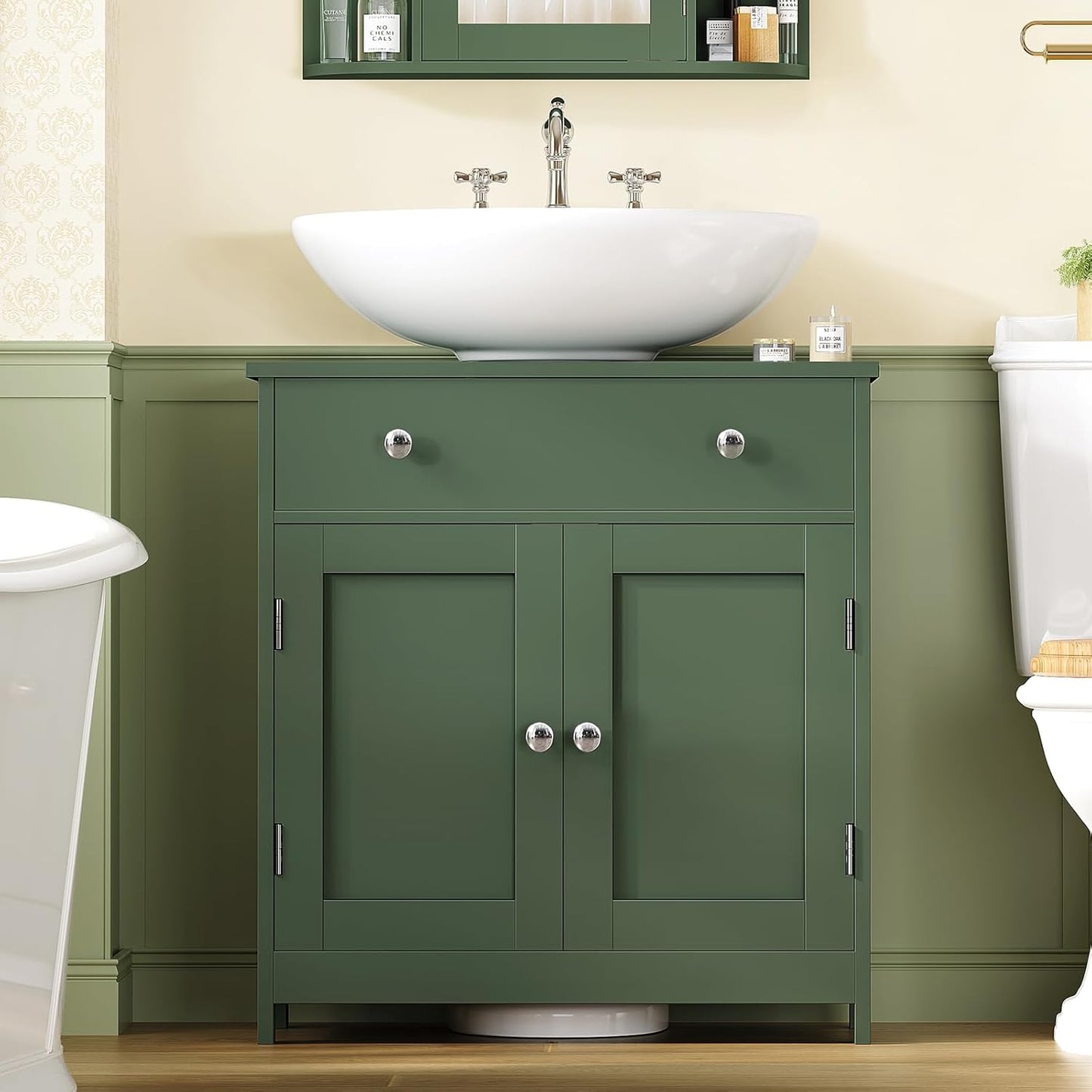 TEENFON Pedestal Sink Storage Cabinet with 2 Doors and Drawer, Bathroom Sink Cabinet, Under Sink Storage with U-Shape Cut-Out, Green